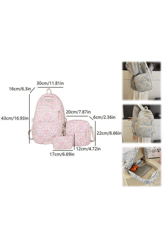 Floral Backpack 3pcs Set for Women Quilted Backpack Coquette Pleasing Kawaii Rucksack Cute Preppy Daypack Pink