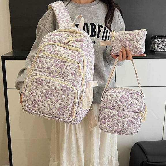 Floral Backpcs 3Pcs Set for Women Quilted Backpcs Coquette Pleasing Kawaii Rucksack Cute Preppy Daypack,Backpcs Cute Purple Pink