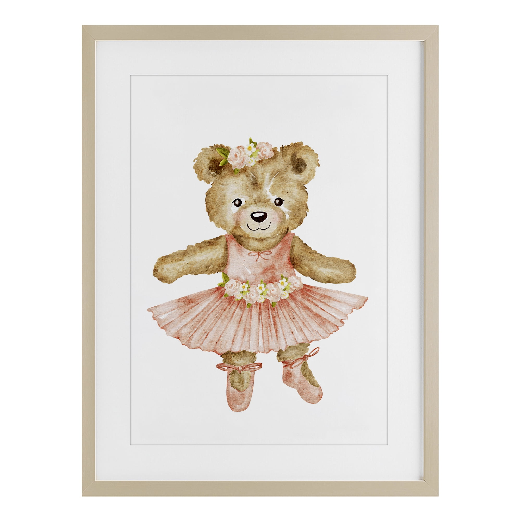Floral Ballerina Teddy Bear Birch Framed Print Under Glass, design by Amy Hall