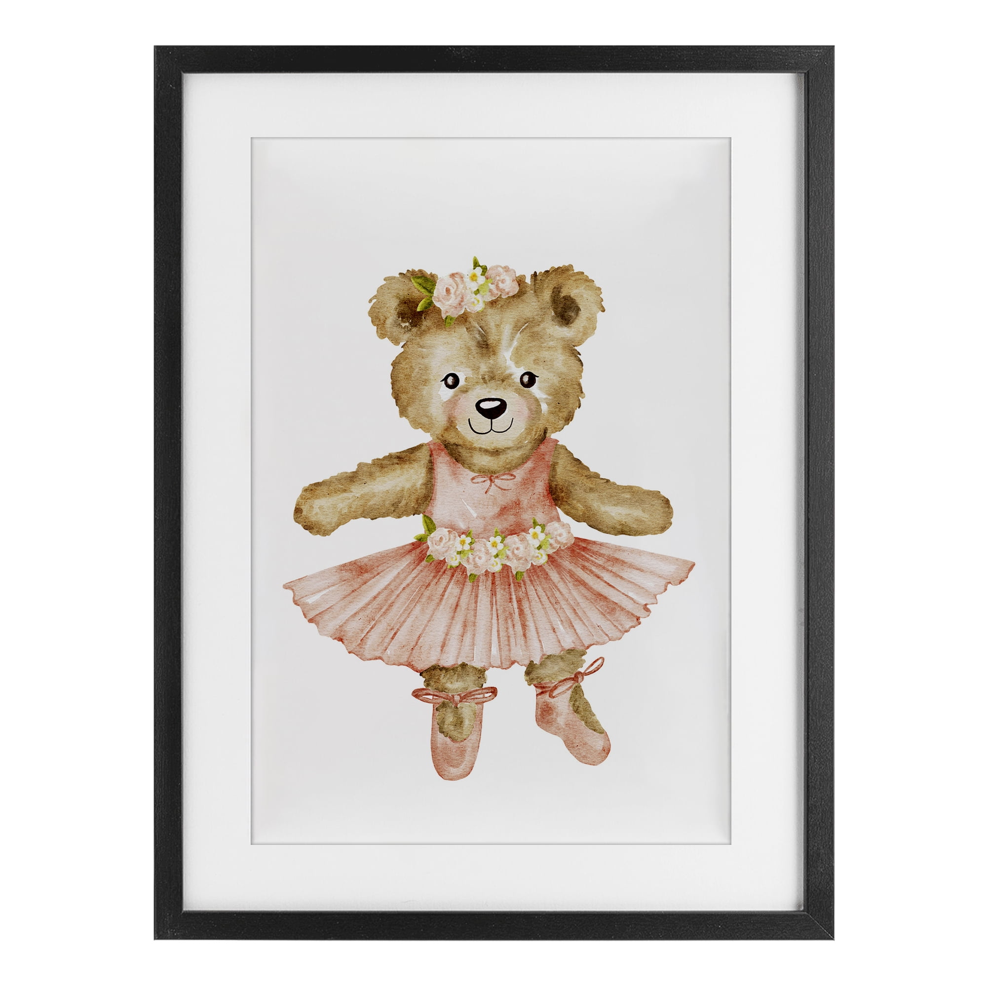 Floral Ballerina Teddy Bear Black Framed Print Under Glass, design by Amy Hall