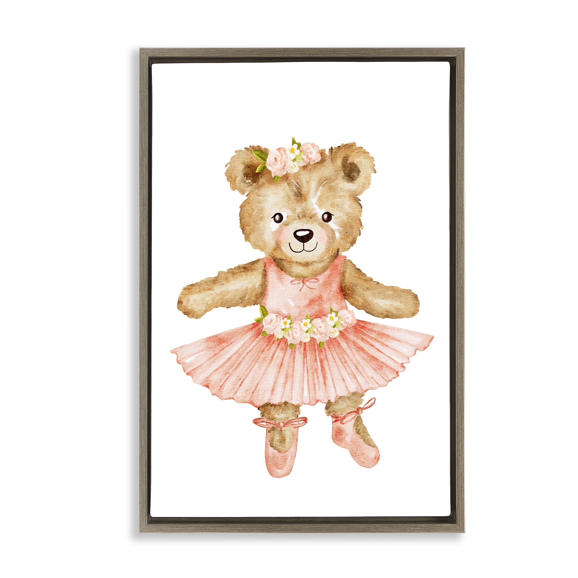 Floral Ballerina Teddy Bear Brown Framed Floater Canvas Wall Art, design by Amy Hall