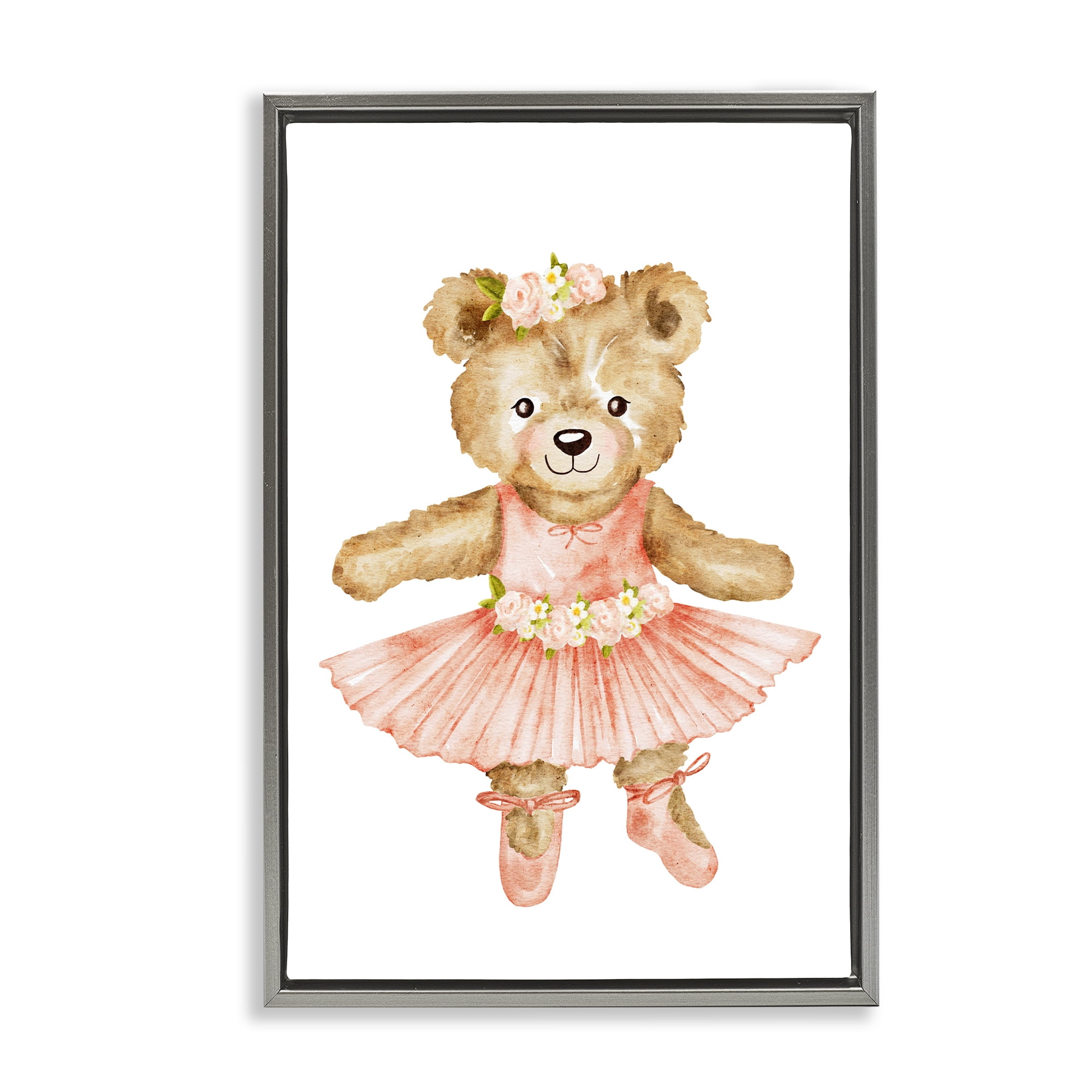 Floral Ballerina Teddy Bear Gray Framed Floater Canvas Wall Art, design by Amy Hall