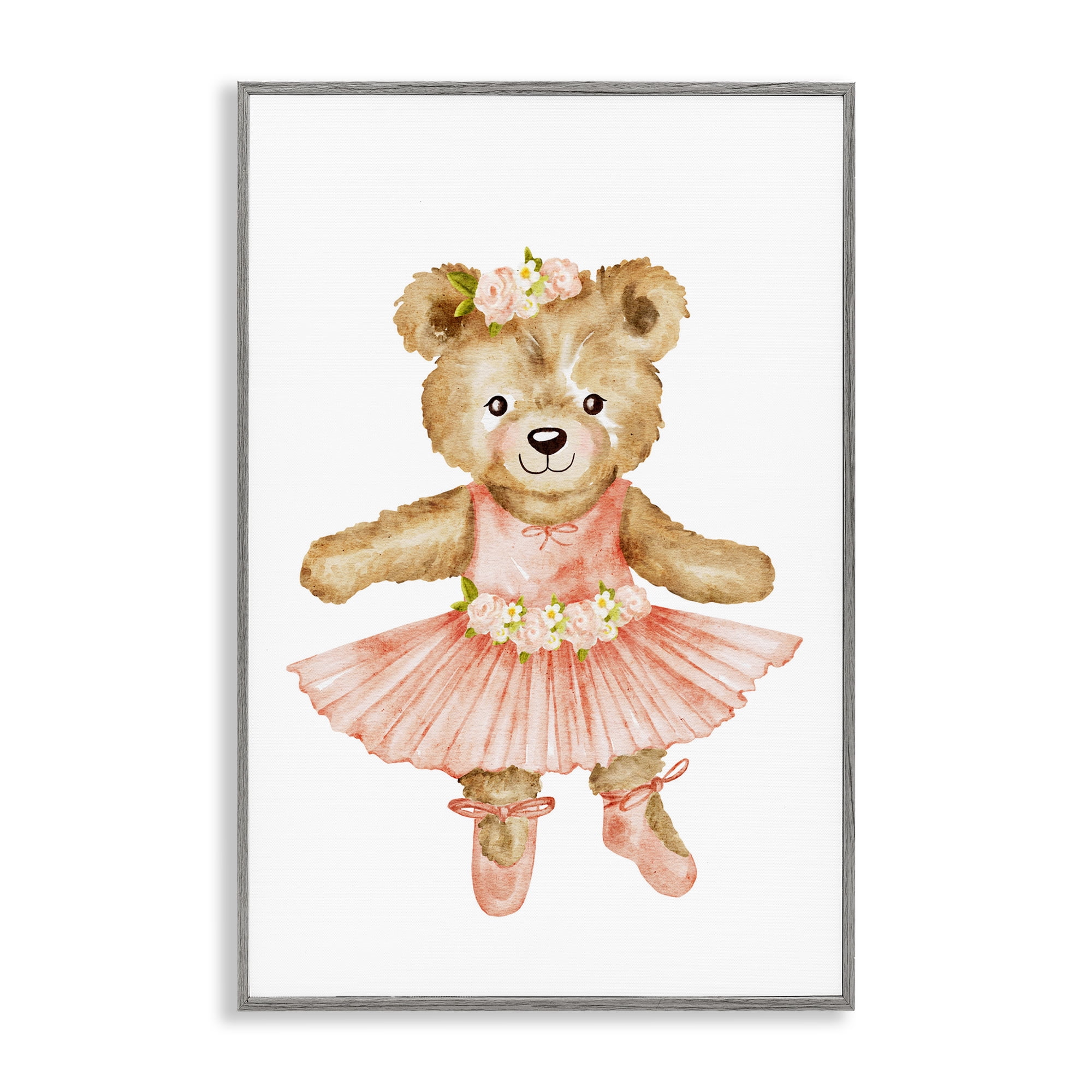 Floral Ballerina Teddy Bear Gray Framed Giclee Art, design by Amy Hall