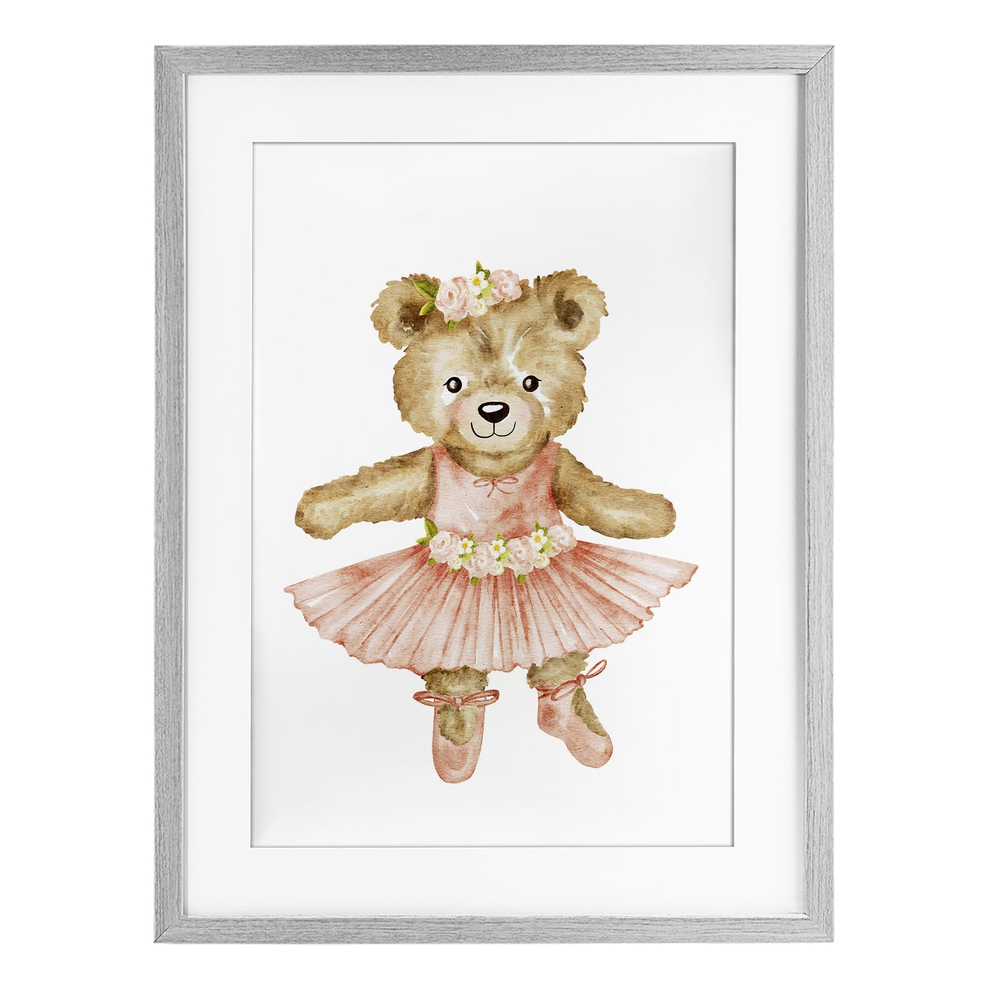 Floral Ballerina Teddy Bear Gray Framed Print Under Glass, design by Amy Hall