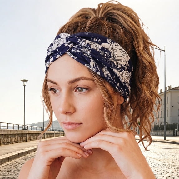 Floral Bandana Headbands for Women Knotted No Head Bands Soft Turban Headband Hair Accessories Boho Casual Sport Hair Accessories for Women Yoga Workout(Navy,One Size)