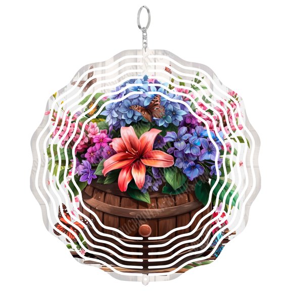 Floral Barrel Wind Spinner Metal Outdoor Decor Rustic Garden Multicolor
