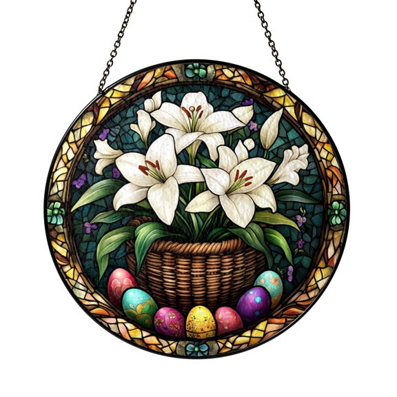Floral Basket Easter Lily Stained Glass Window Hanging, Gentle Spring Holiday Home Decoration