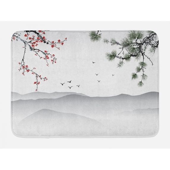 Floral Bath Mat, Chinese Painting Style Artwork with Tree Branches Birds Mountains Landscape Art, Non-Slip Plush Mat Bathroom Kitchen Laundry Room Decor, 29.5 X 17.5 Inches, Red Green Black, Ambesonne
