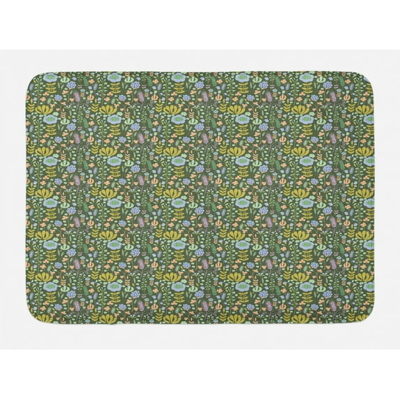 Floral Bath Mat, Colorful Flower Assortment Spring Beauty, Plush Bathroom Decor Mat with Non Slip Backing, 29.5" X 17.5", Reseda Green Multicolor, by Ambesonne