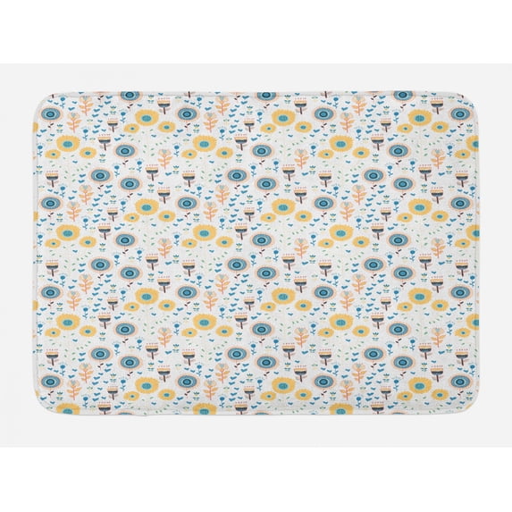 Floral Bath Mat, Doodle Style Flowers Botanical, Plush Bathroom Decor Mat with Non Slip Backing, 29.5" X 17.5", White Multicolor, by Ambesonne