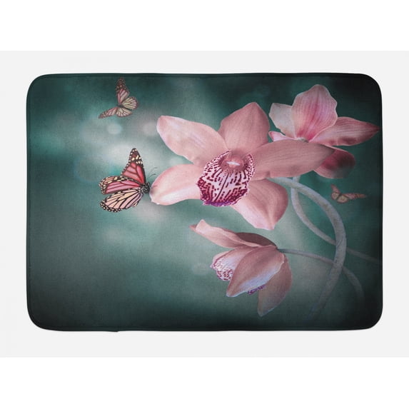 Floral Bath Mat, Orchid Flower with Butterfly Soft Fresh Spring Nature Theme Art Photo, Non-Slip Plush Mat Bathroom Kitchen Laundry Room Decor, 29.5 X 17.5 Inches, Baby Pink and Jade Green, Ambesonne