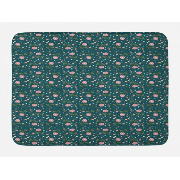 Floral Bath Mat, Romantic Spring Nature Pattern with Roses and Forget Me Not Flowers Style, Plush Bathroom Decor Mat with Non Slip Backing, 29.5" X 17.5", Multicolor, by Ambesonne