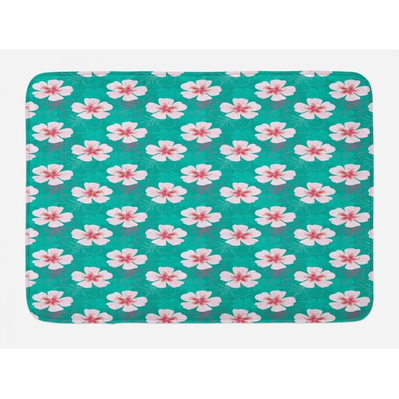 Floral Bath Mat, Simplistic Garden Flower Motifs Pale Silhouettes and Outlines, Plush Bathroom Decor Mat with Non Slip Backing, 29.5" X 17.5", Pale Pink Turquoise, by Ambesonne