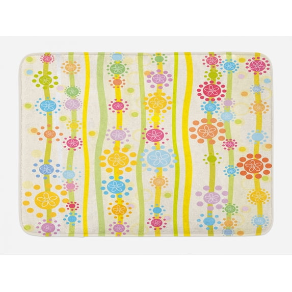 Floral Bath Mat, Vertical Lines with Colorful Cartoon Style Flowers and Dots Girls Fun, Plush Bathroom Decor Mat with Non Slip Backing, 29.5" X 17.5", Multicolor, by Ambesonne