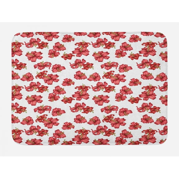 Floral Bath Mat, Vintage Blooming Lily Flowers Depicted on Plain Background, Plush Bathroom Decor Mat with Non Slip Backing, 29.5" X 17.5", Olive Green Vermilion, by Ambesonne