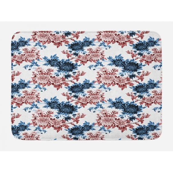 Floral Bath Mat, Vintage Flowers in Bloom on Plain Background, Plush Bathroom Decor Mat with Non Slip Backing, 29.5" X 17.5", Rust Dark Blue, by Ambesonne