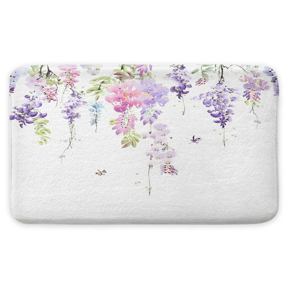 Floral Bath Mats for Bathroom, Watercolor Purple Flower Bath Mats, Spring Flannel Bath Mat for Bathroom Decor, 17 X 29 Inches
