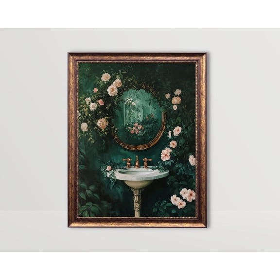 Floral Bathroom, Botanical Sink Wall Art, Moody Flowers Bath Print, Cottagecore Decor Dark Green Prints Plants Roses Peony Vintage Poster, Unframed Canvas Size 16x24