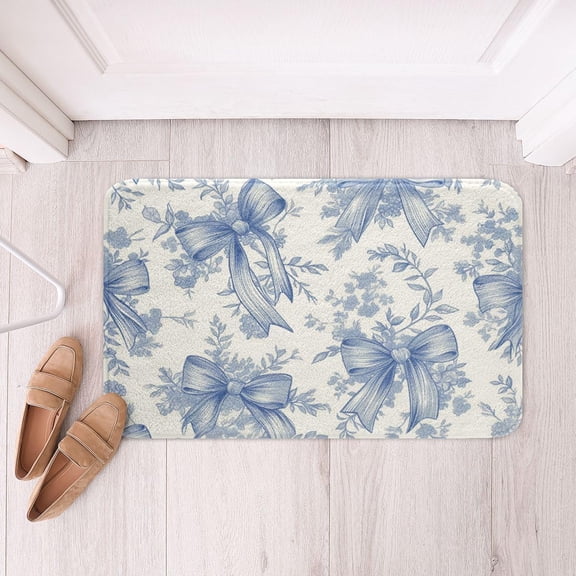 Floral Bathroom Rug 16" x 24" Blue Bath Mat With Ribbon Bow Design Aesthetic Coquette Style Doormat