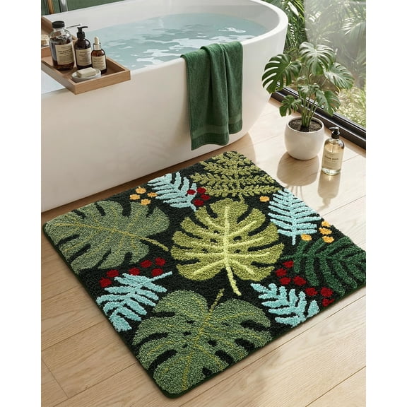 Floral Bathroom Rug, Square Bath Mat 31x31, Non Slip Washable Absorbent Soft Microfiber Bathmat, Flower Plant Bath Rugs for Shower Floor, Sink, Beige