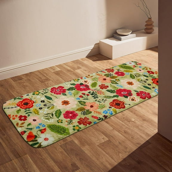 Floral Bathroom Rugs Green Runner Rug, Long Large Bathroom Rugs Washable Non Slip, Cute Flower Bath Mat for Tub Shower