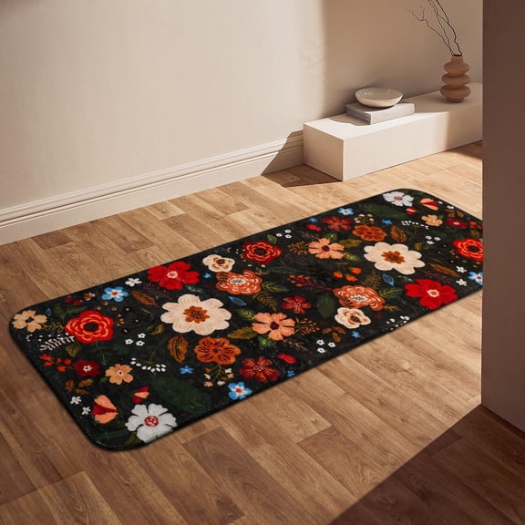 Floral Bathroom Rugs Large Long Bath Mat, Black Bathroom Runner Rug Non Slip Washable, Flower Rug Cute for Bathtub
