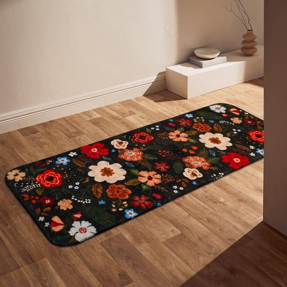 Floral Bathroom Rugs Large Long Bath Mat, Black Bathroom Runner Rug Non Slip Washable, Flower Rug Cute for Bathtub