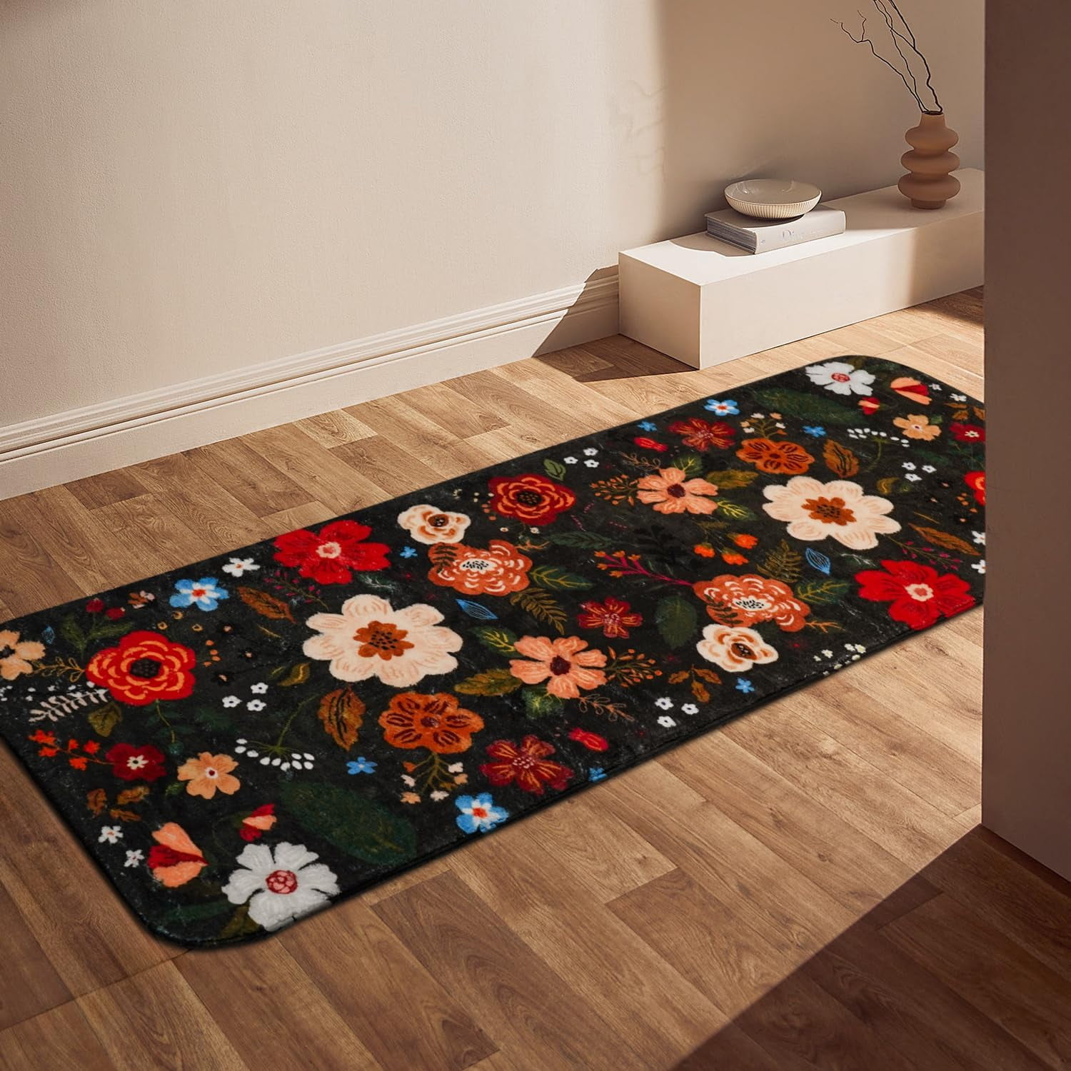 Floral Bathroom Rugs Large Long Bath Mat, Black Bathroom Runner Rugs 24 x 60 Non Slip Washable, Flower Rug Cute for Bathtub