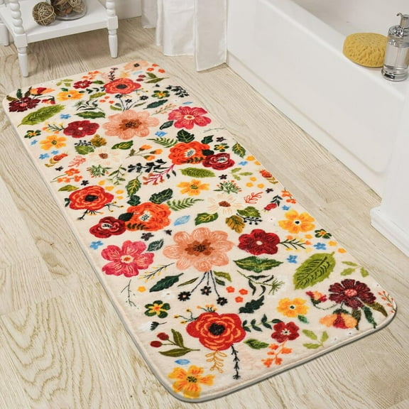 Floral Bathroom Rugs Large Long Bath Mat, Washable Bathroom Runner Rugs 24 x 60 Non Slip, Cute Flower Rug for Bathtub Floor