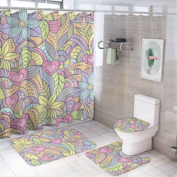 Floral Bathroom Set, Bathroom 4-piece Set - 29" X 17.5" Mats & 72" Shower Curtain with 12 Hooks, Bath Accessory for Home Use or Bathroom Decor