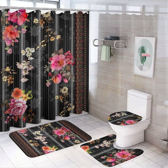 Floral Bathroom Set, Bathroom 4-piece Set - 29" X 17.5" Mats & 72" Shower Curtain with 12 Hooks, Bath Accessory for Home Use or Bathroom Decor