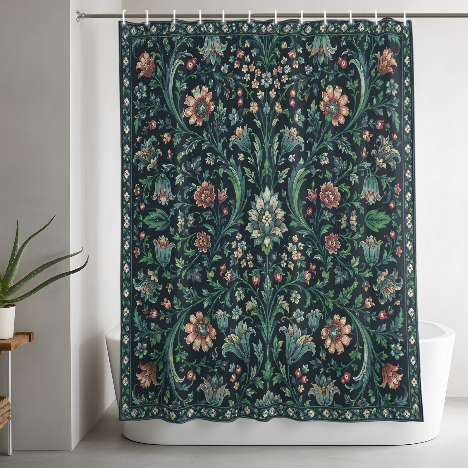 Floral Bathroom Shower Curtain, Vintage Rustic Red Flower Green Leaf