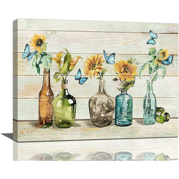 Floral Bathroom Wall Art Rustic Vase Butterflies Sunflowers Wall Decor Farmhouse Bottles And Plants Home Decor Vintage Glass Art Botanical Canvas Painting Prints for Restroom Bedroom Living Room