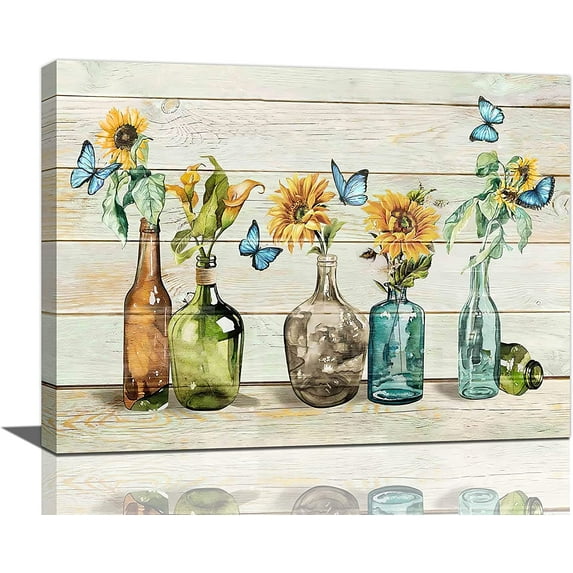 Floral Bathroom Wall Art Rustic Vase Butterflies Sunflowers Wall Decor Farmhouse Bottles And Plants Home Decor Vintage Glass Art Botanical Canvas Painting Prints for Restroom Bedroom Living Room 16x12