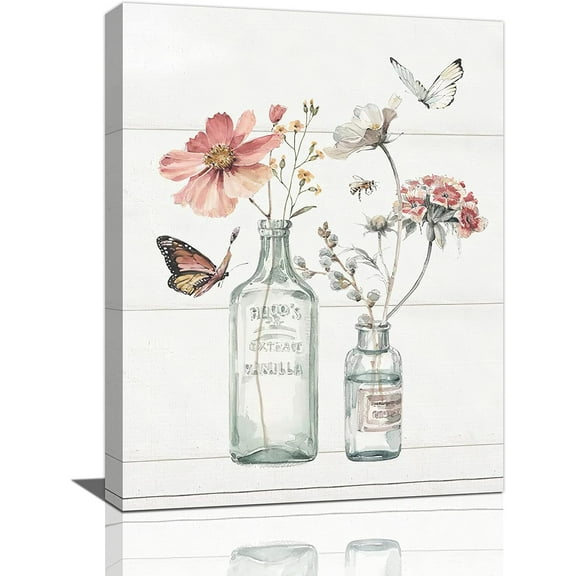 Floral Bathroom Wall Art Rustic Vase Flower Butterfly Pictures Wall Decor Farmhouse Country Flower Botanical Canvas Prints Painting Modern Home Framed Artwork for Restroom Bedroom 12"x16"
