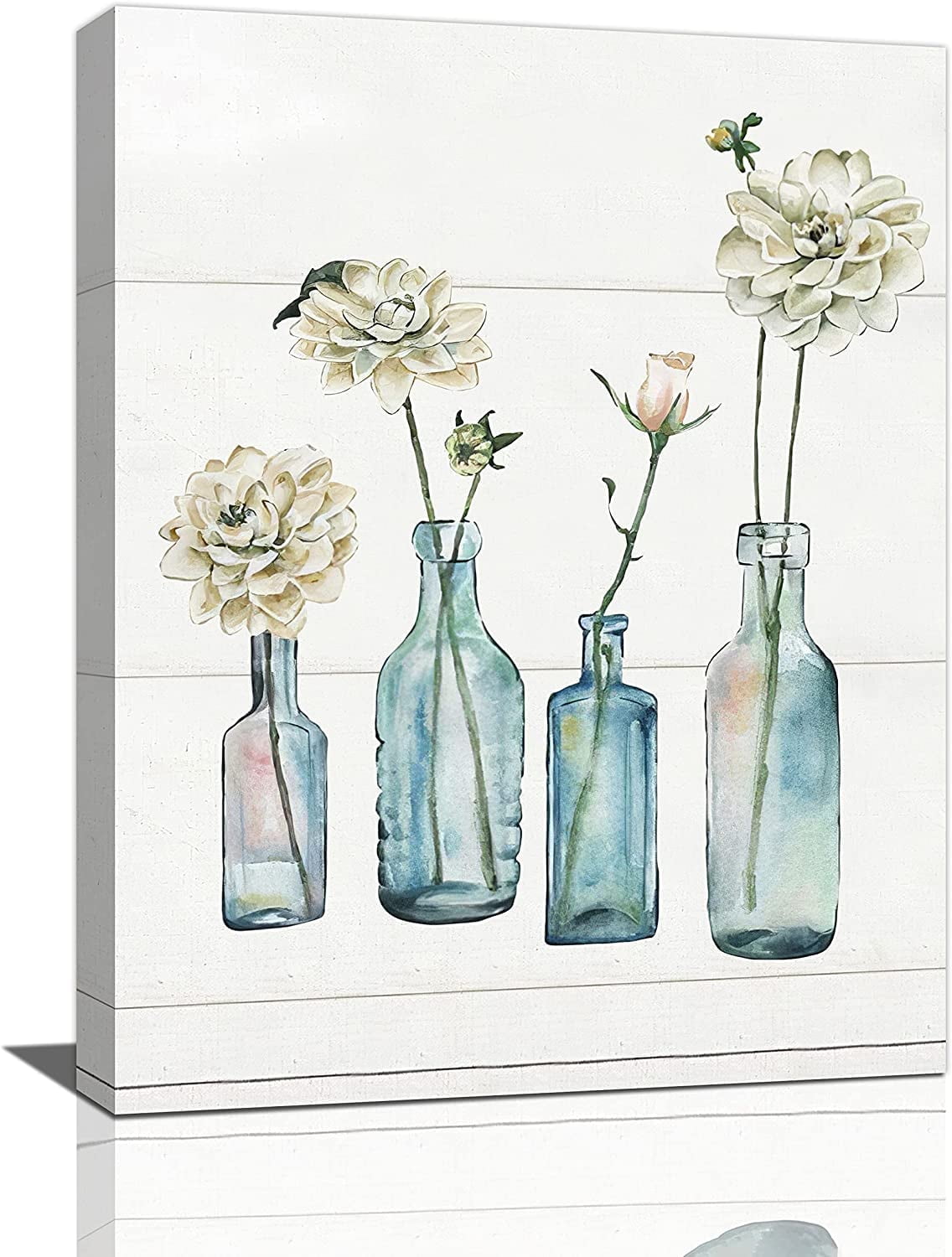 Floral Bathroom Wall Art White&Pink Flowers Teal Glass Jar Wall Decor Farmhouse Bottles And Plants Rustic Home Decor Blue Botanical Canvas Painting Prints for Restroom Bedroom Living Room 12"x16"