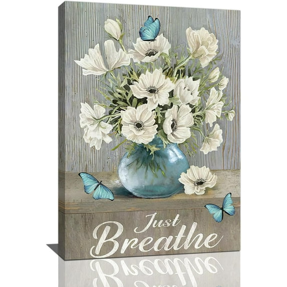 Floral Bathroom Wall Decor Rustic Country Flowers Bathroom Pictures Wall Art Vintage Botanical just breathe Painting Canvas Print Framed Modern Home Artwork For Office Bedroom Kitchen 12"x16"