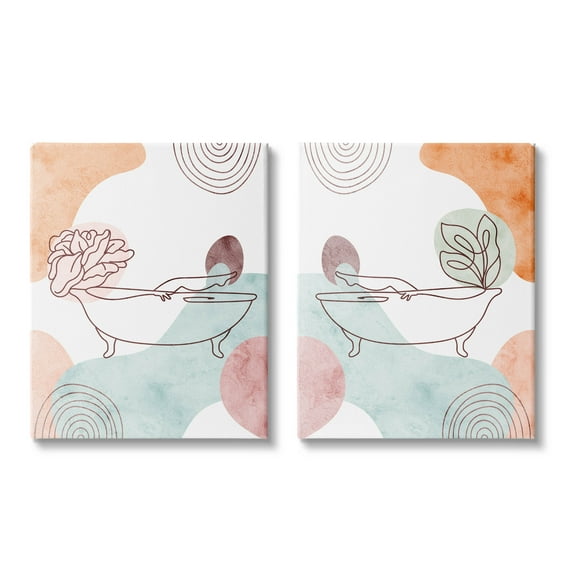 Floral Bathtub Geometric Doodle Shapes Botanical & Floral Graphic Art Gallery Wrapped Canvas Print Wall Art, Set of 2