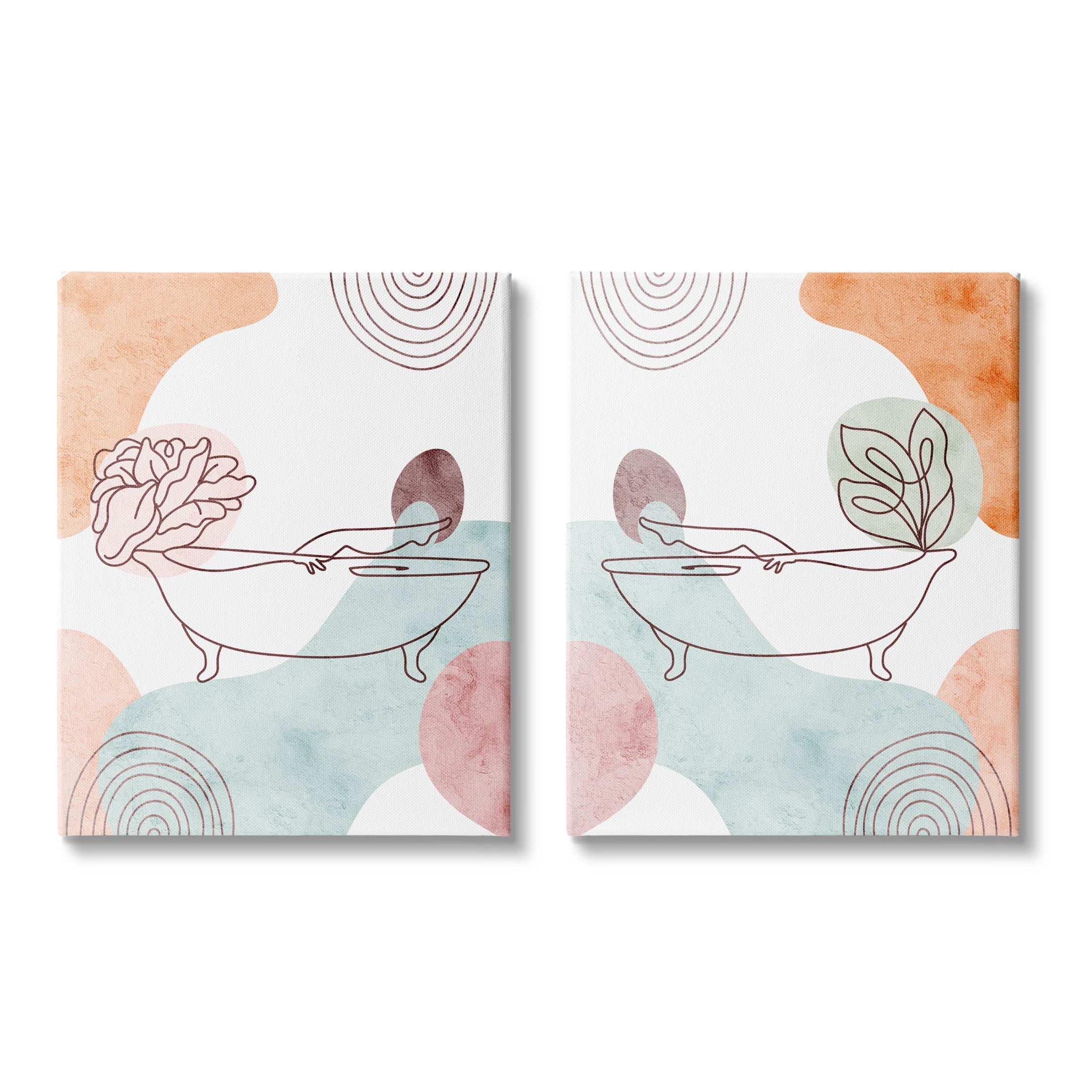 Floral Bathtub Geometric Doodle Shapes Botanical & Floral Graphic Art Gallery Wrapped Canvas Print Wall Art, Set of 2