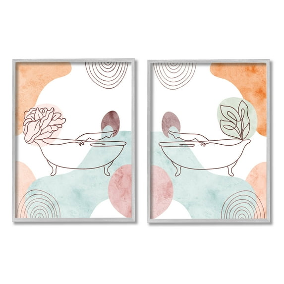 Floral Bathtub Geometric Doodle Shapes Botanical & Floral Graphic Art Gray Framed Art Print Wall Art, Set of 2