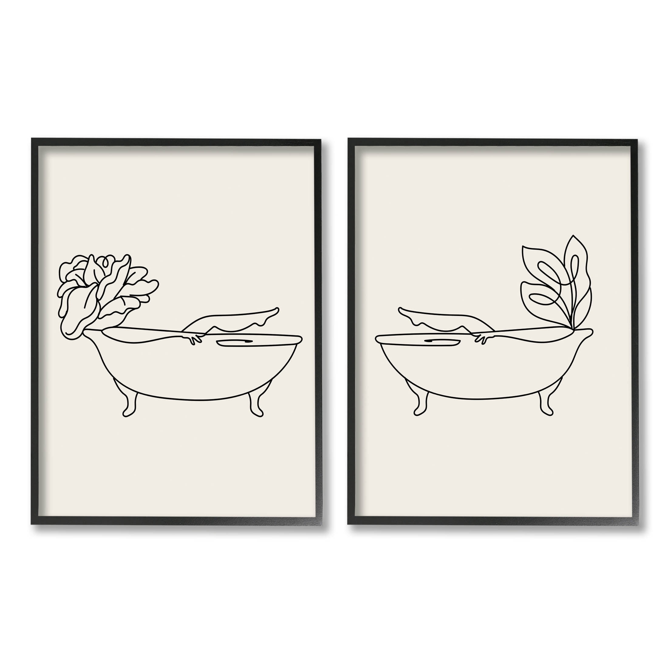 Floral Bathtub Relaxing Doodle Botanical & Floral Graphic Art Black Framed Art Print Wall Art, Set of 2