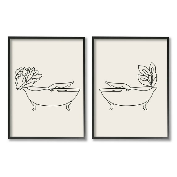 Floral Bathtub Relaxing Doodle Botanical & Floral Graphic Art Black Framed Art Print Wall Art, Set of 2