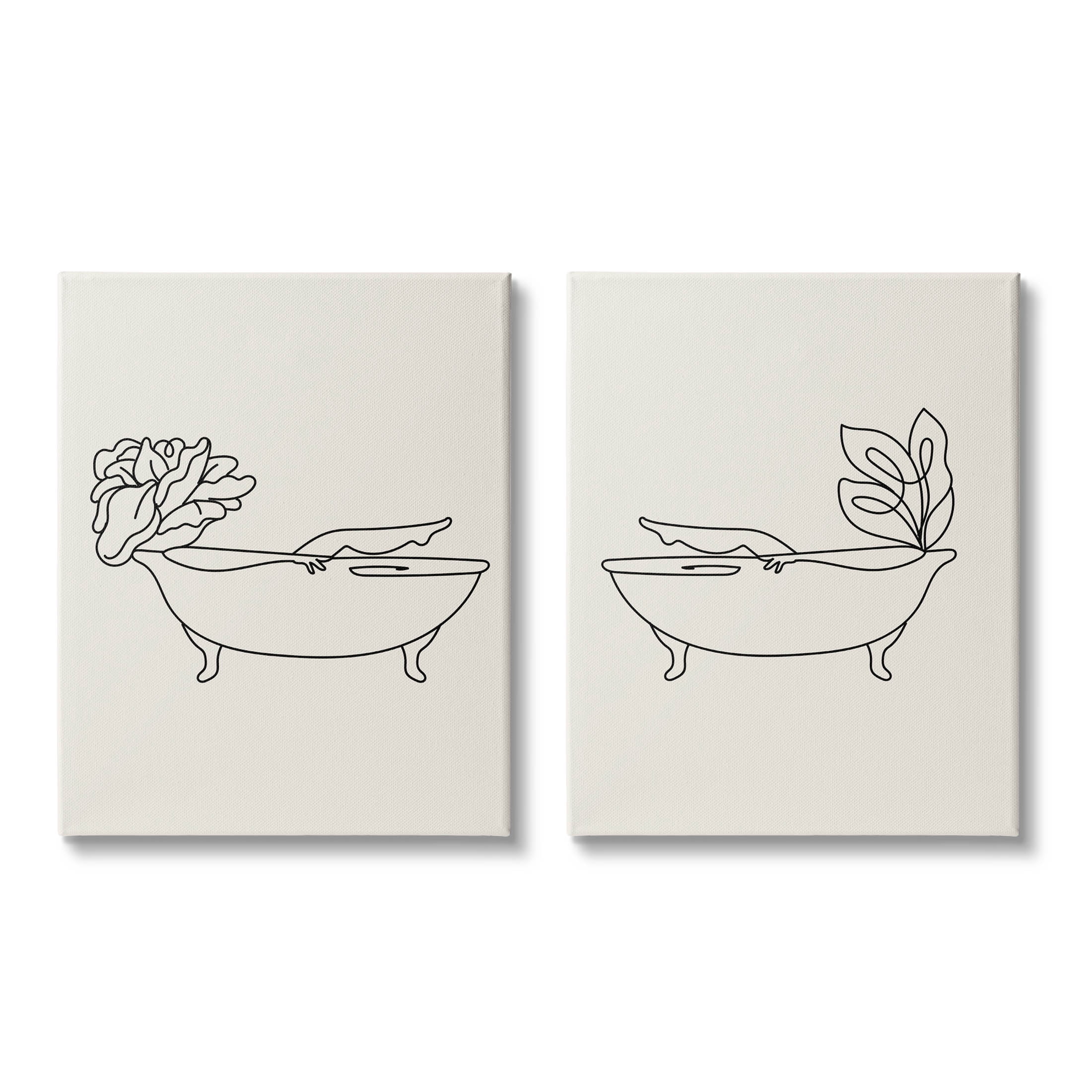 Floral Bathtub Relaxing Doodle Botanical & Floral Graphic Art Gallery Wrapped Canvas Print Wall Art, Set of 2