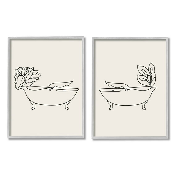 Floral Bathtub Relaxing Doodle Botanical & Floral Graphic Art Gray Framed Art Print Wall Art, Set of 2