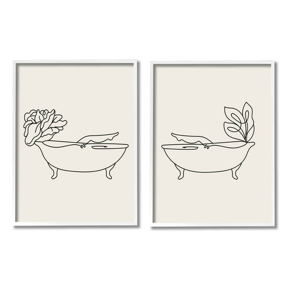 Floral Bathtub Relaxing Doodle Botanical & Floral Graphic Art White Framed Art Print Wall Art, Set of 2