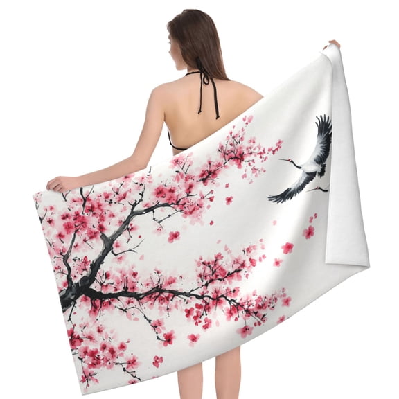 Floral Beach Towel 32 X 52 Inch, Microfiber Bath Towel, Asian Cherry Blossom Crane Art, Quick Dry Sand Resistant For Travel Spa
