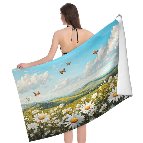 Floral Beach Towel 32 X 52 Inch, Microfiber Bath Towel, Oil Painting Daisy Butterfly Design, Quick Dry Sand Resistant For Outdoor Camping
