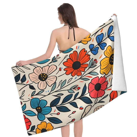 Floral Beach Towel 32 X 52 Inch, Microfiber Bath Towel, Retro Botanical Flower Pattern, Quick Dry Sand Resistant For Travel Spa