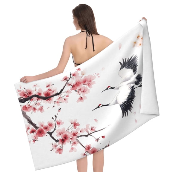 Floral Beach Towel 32 X 52 Inch, Microfiber Bath Towel, Serene Asian Sakura Crane Art, Quick Dry Sand Resistant For Spa Bathroom