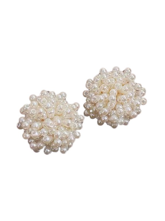 Floral Bead Ear Studs for Women, Dimensional White Clusters with a Compact Rounded Profile, Straight Post Design, 1 Matching Pair Included